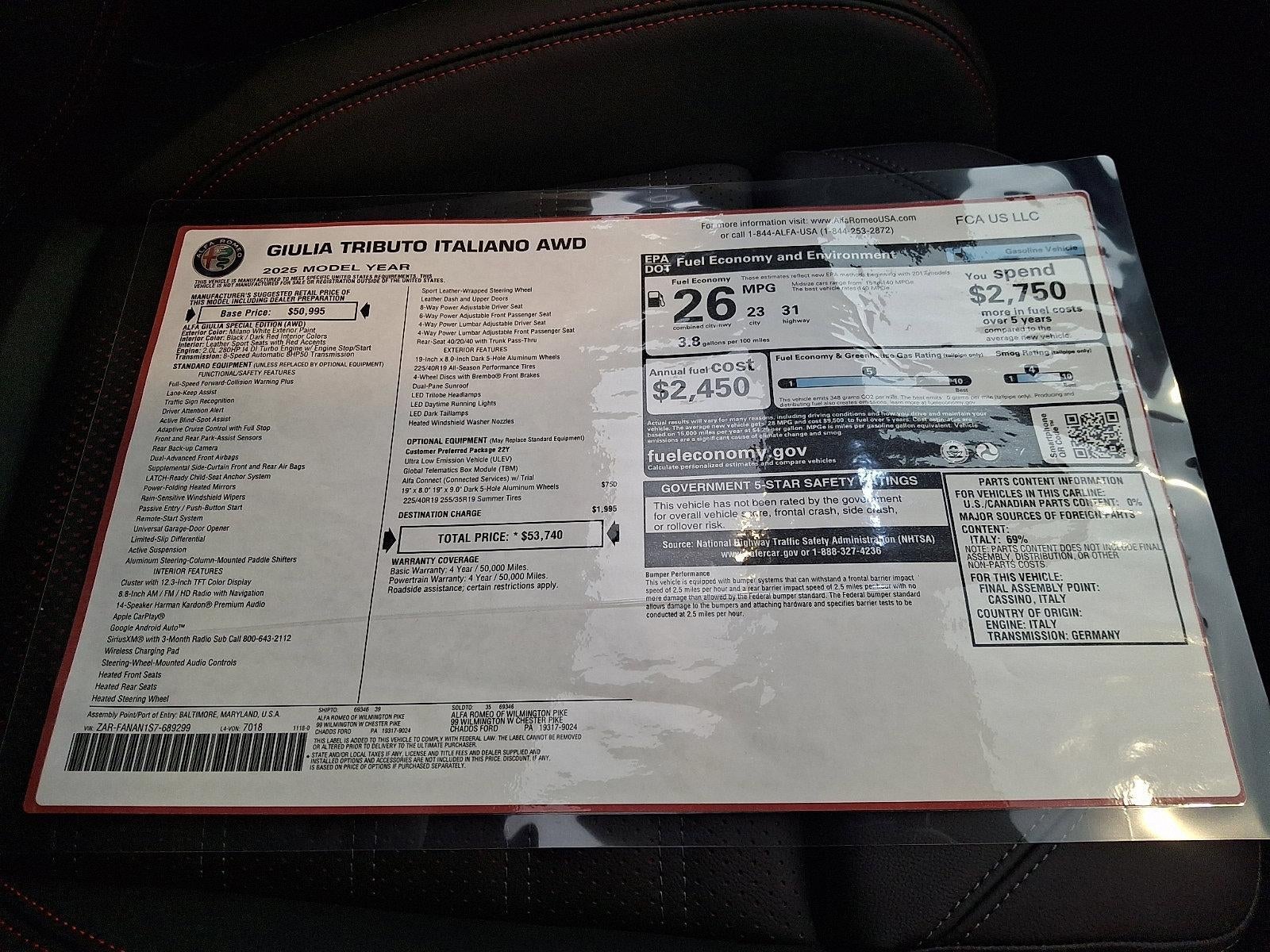 2025 Alfa Romeo Giulia Special Edition AWD *Ltd Avail*