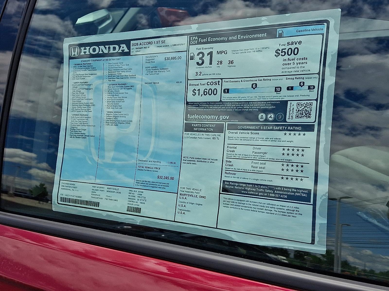 2026 Honda Accord Sedan SE CVT