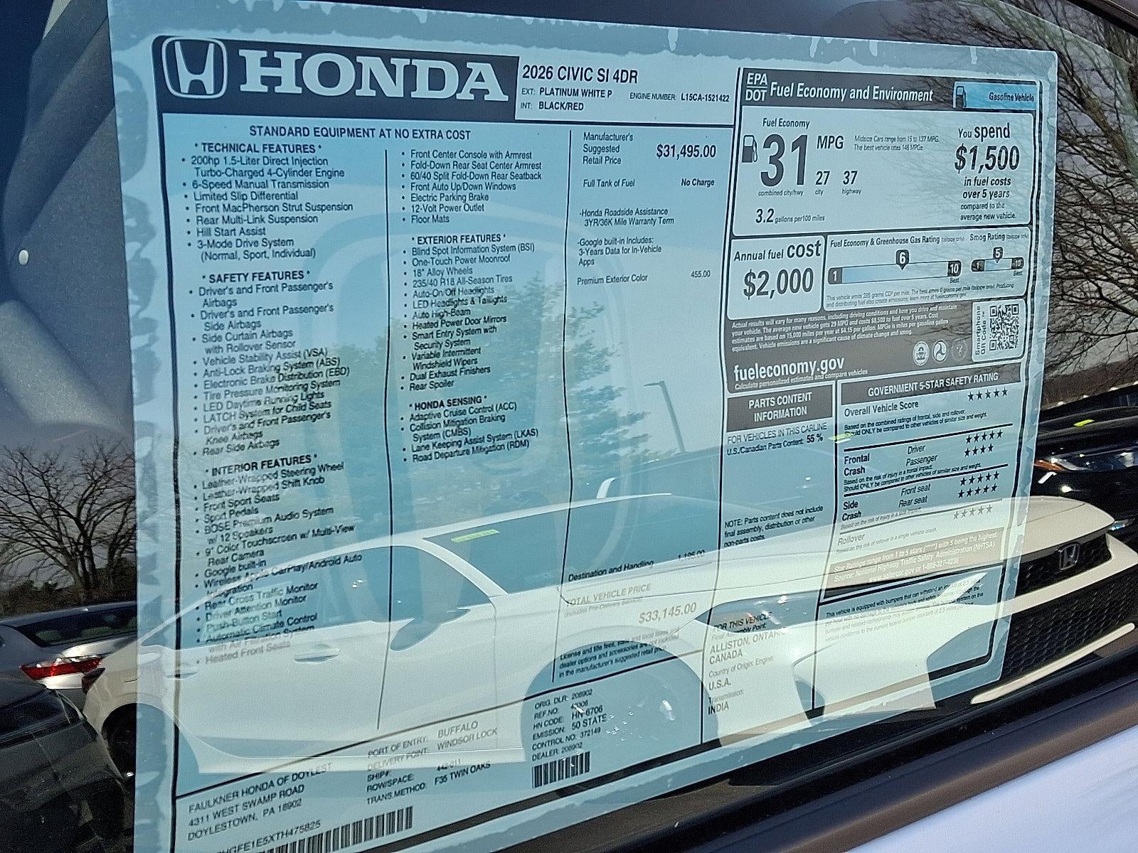 2026 Honda Civic Si Si Manual Sedan