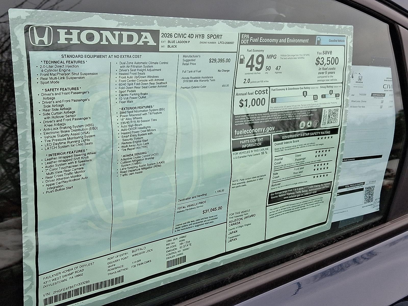 2026 Honda Civic Sedan Hybrid Sport CVT