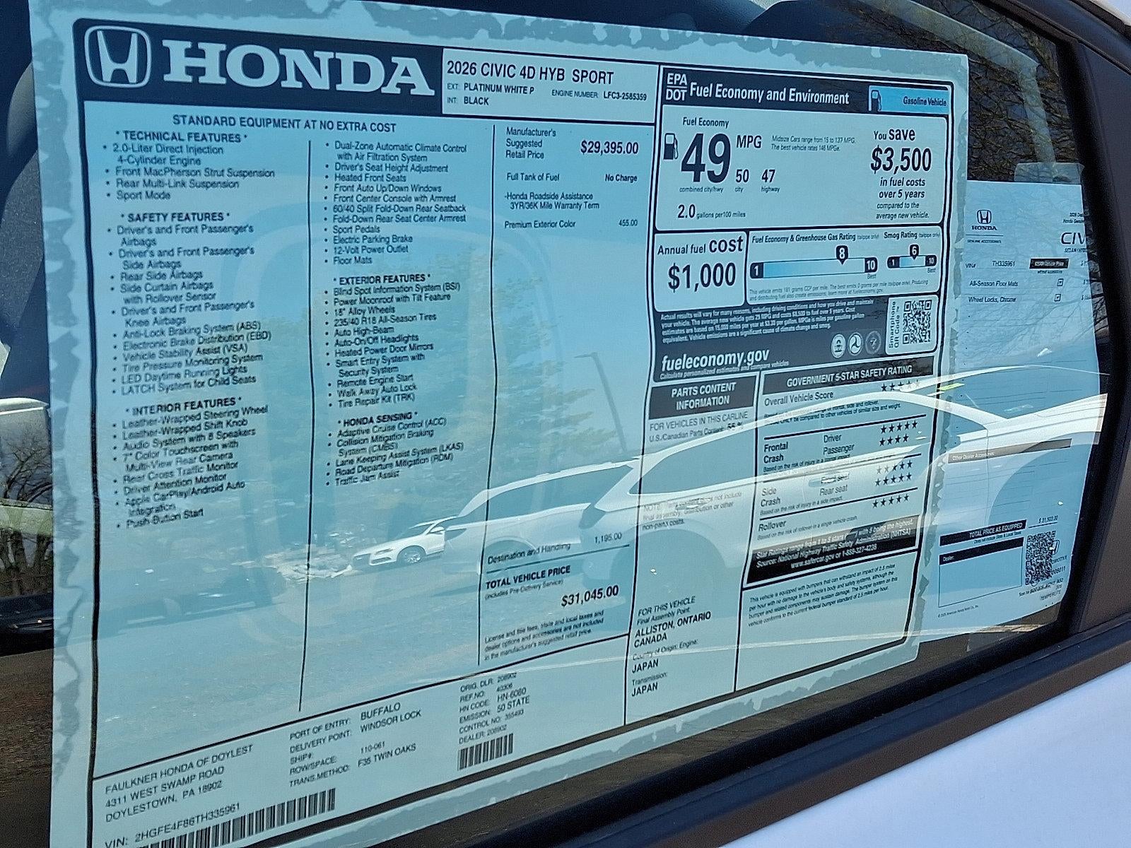2026 Honda Civic Sedan Hybrid Sport CVT
