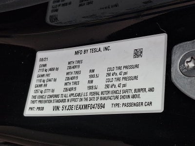 2021 Tesla Model 3 Standard Range Plus RWD
