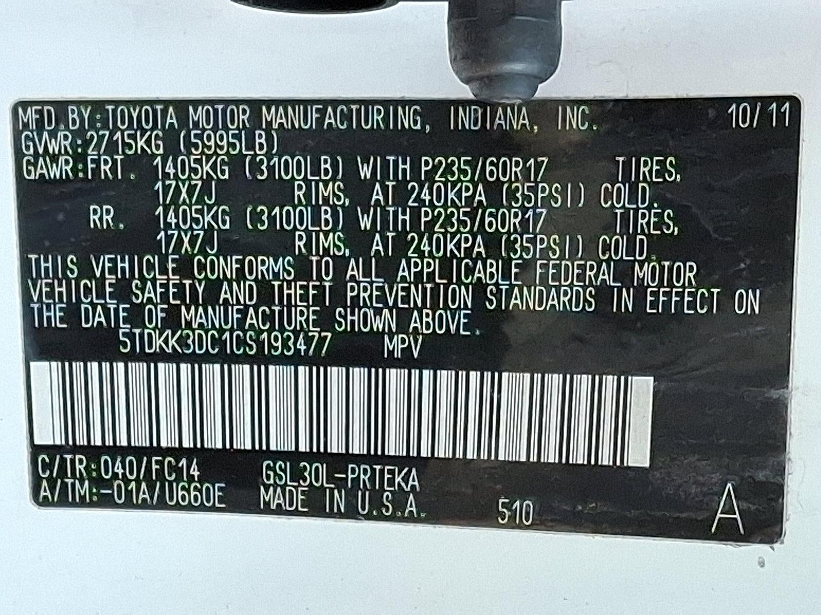 2012 Toyota Sienna 5dr 7-Pass Van V6 LE AAS FWD (Natl)