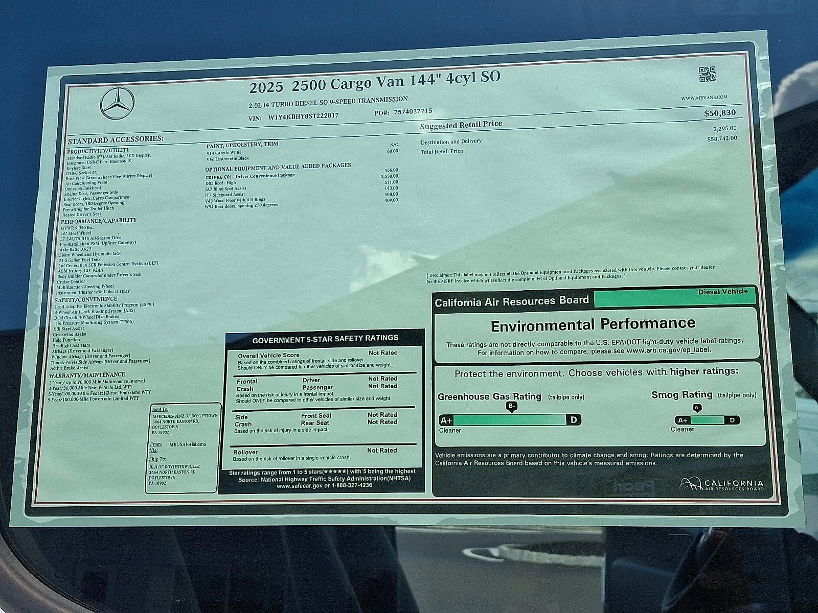 2025 Mercedes-Benz Sprinter Cargo Van 2500 Standard Roof I4 Diesel 144" RWD