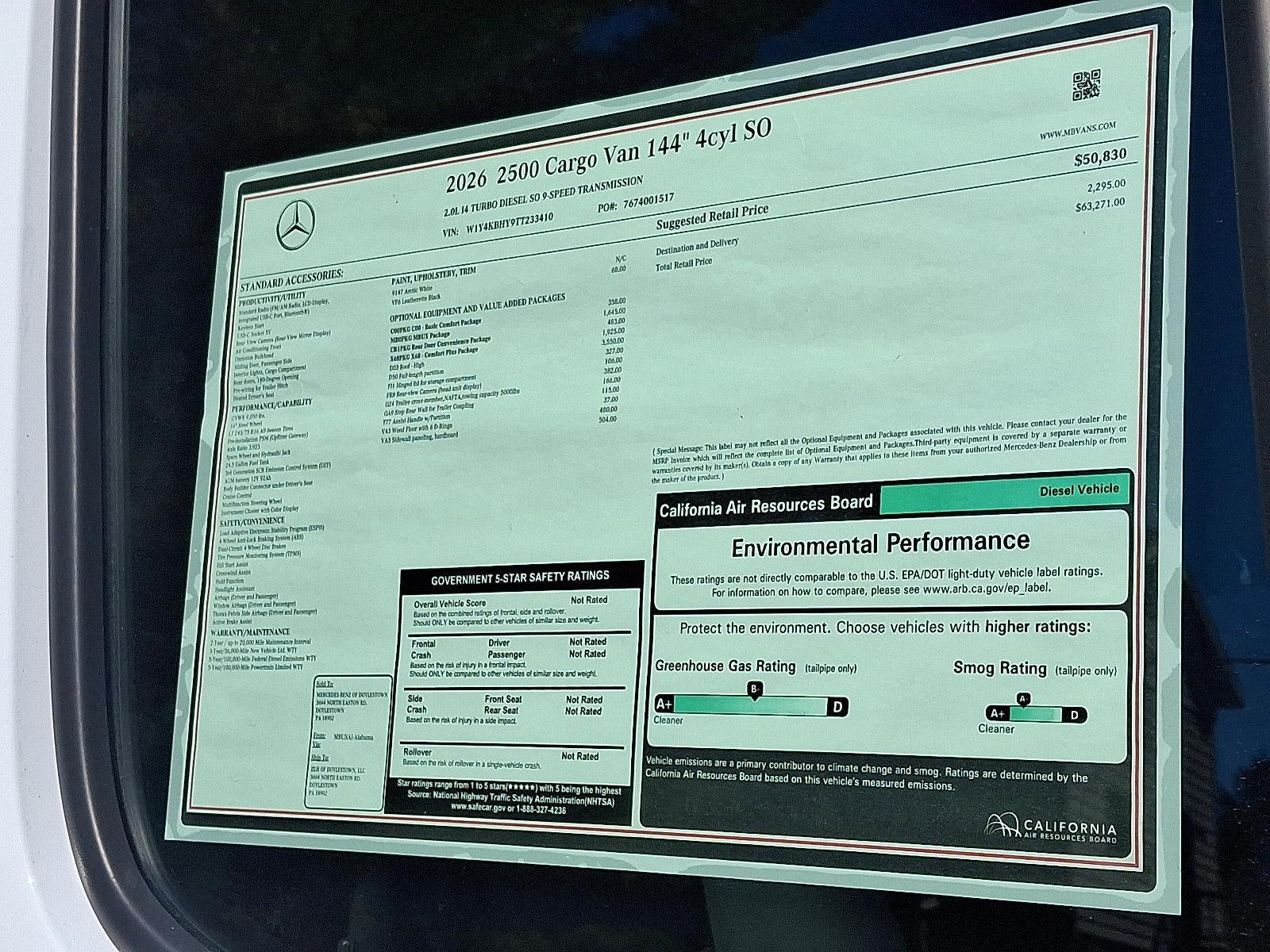 2026 Mercedes-Benz Sprinter Cargo Van 2500 Standard Roof I4 Diesel 144" RWD