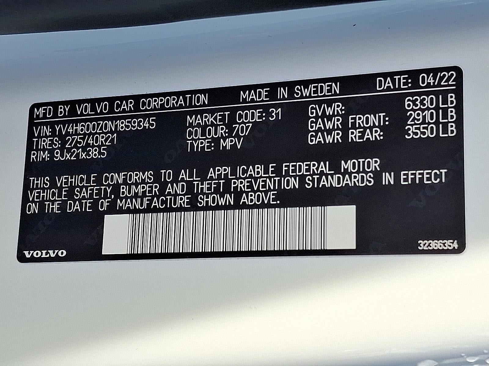 2022 Volvo XC90 Recharge Plug-In Hybrid T8 eAWD PHEV Inscription Expression 6P Ext Range