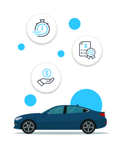 Car with icons for time, payment, and certification